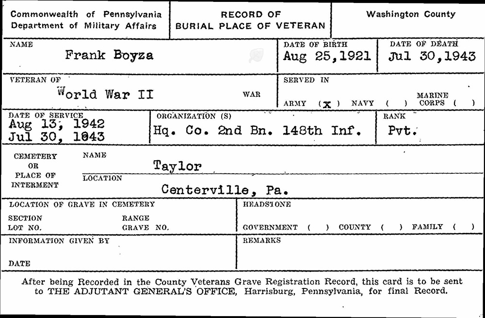 veteran burial card
